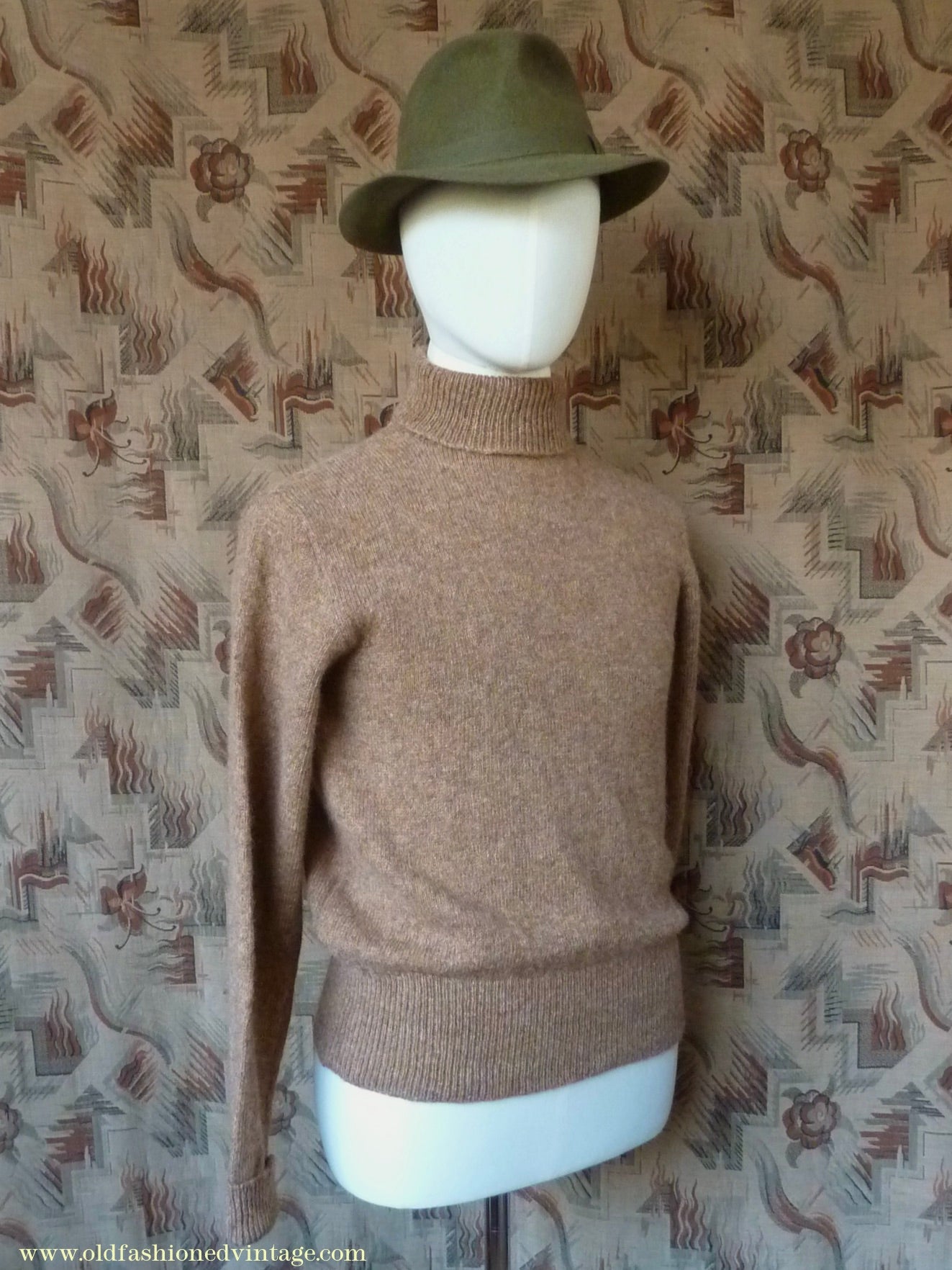 Old Fashioned Garments Vintage Reproduction 1930s 1940s Mens Roll Neck Jumper Spice Brown Marl Polo Turtle Sweater M