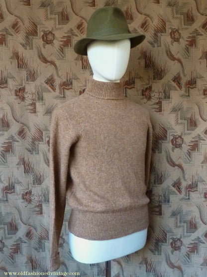 Old Fashioned Garments Vintage Reproduction 1930s 1940s Mens Roll Neck Jumper Spice Brown Marl Polo Turtle Sweater M