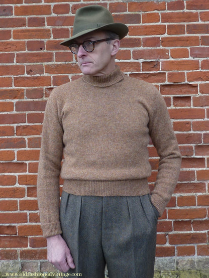 Old Fashioned Garments Vintage Reproduction 1930s 1940s Mens Roll Neck Jumper Spice Brown Marl Polo Turtle Sweater M