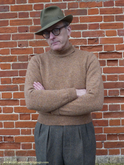 Old Fashioned Garments Vintage Reproduction 1930s 1940s Mens Roll Neck Jumper Spice Brown Marl Polo Turtle Sweater M