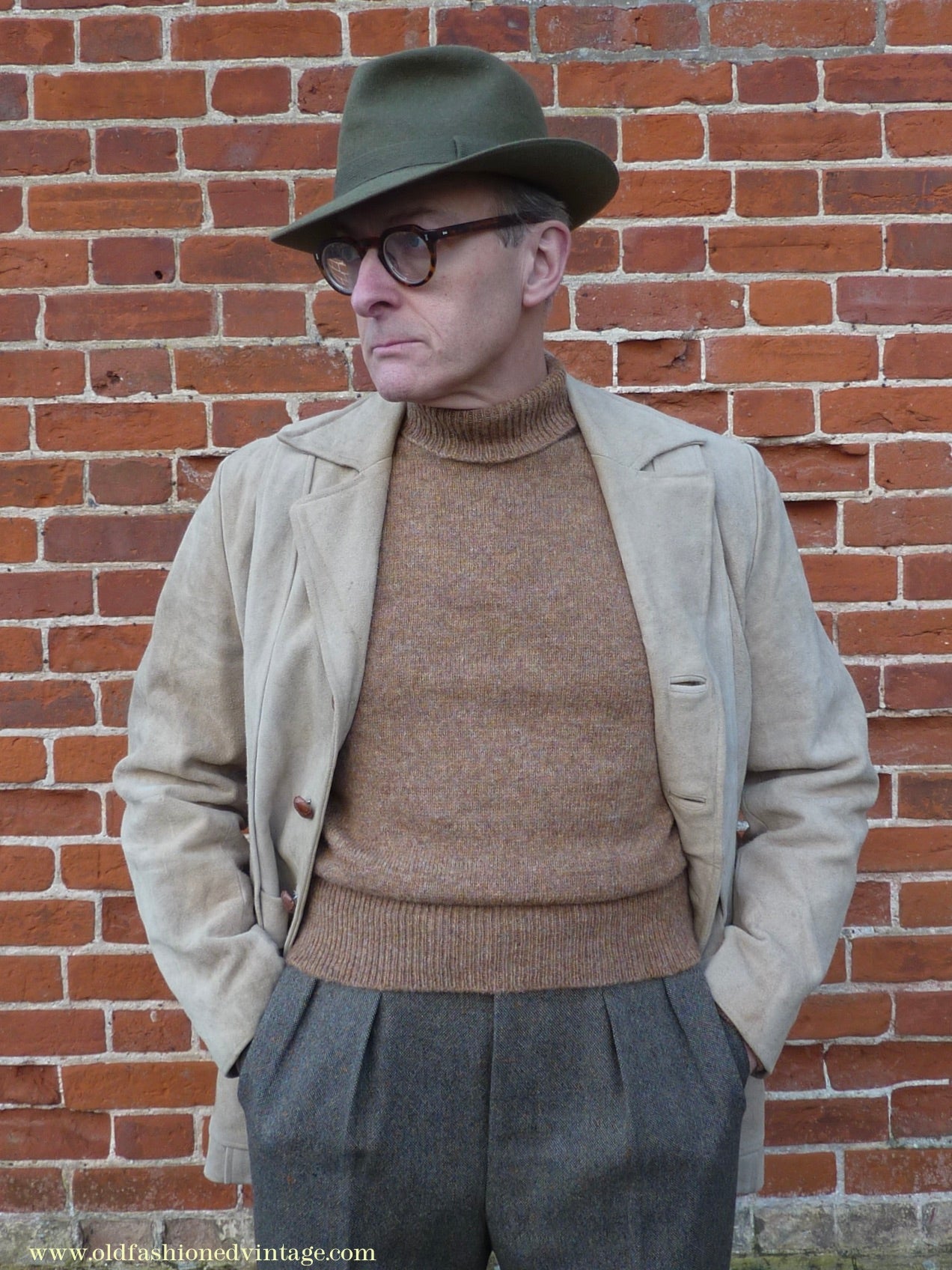 Old Fashioned Garments Vintage Reproduction 1930s 1940s Mens Roll Neck Jumper Spice Brown Marl Polo Turtle Sweater M