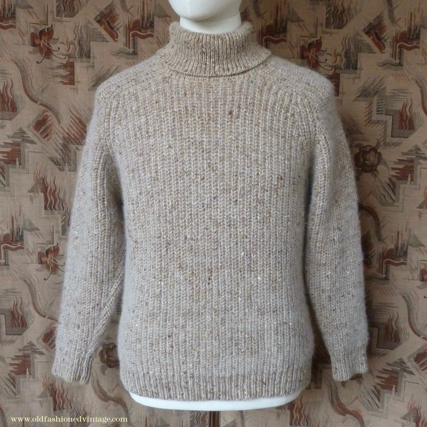 Vintage 1980s 1990s Irish Chunky Roll Neck Jumper Sweater Pullover Fisherman Rib Ribbed Beige Fleck Wool M