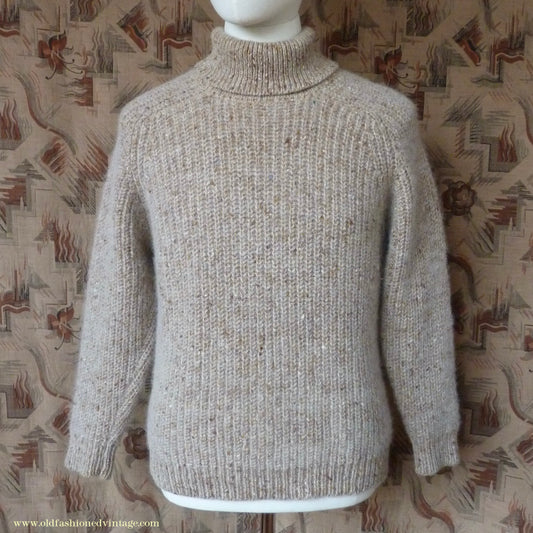 Vintage 1980s 1990s Irish Chunky Roll Neck Jumper Sweater Pullover Fisherman Rib Ribbed Beige Fleck Wool M