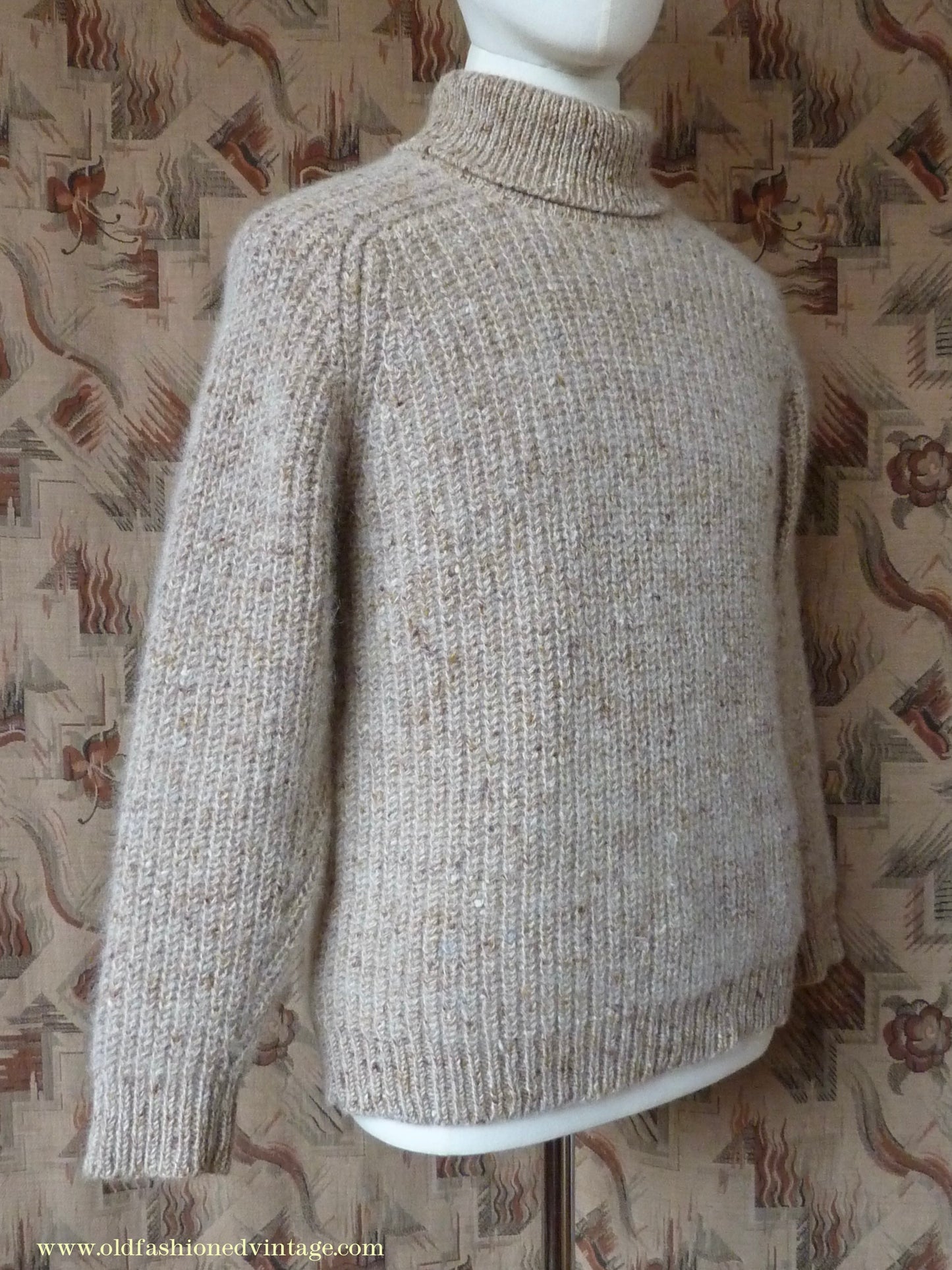 Vintage 1980s 1990s Irish Chunky Roll Neck Jumper Sweater Pullover Fisherman Rib Ribbed Beige Fleck Wool M