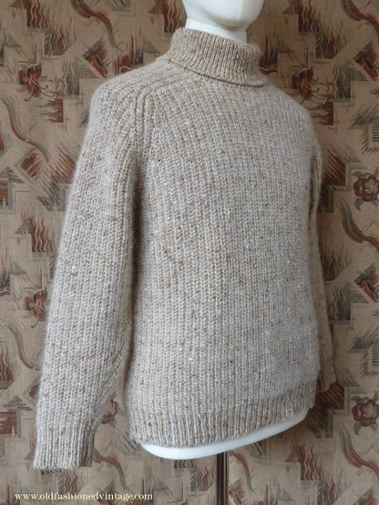 Vintage 1980s 1990s Irish Chunky Roll Neck Jumper Sweater Pullover Fisherman Rib Ribbed Beige Fleck Wool M