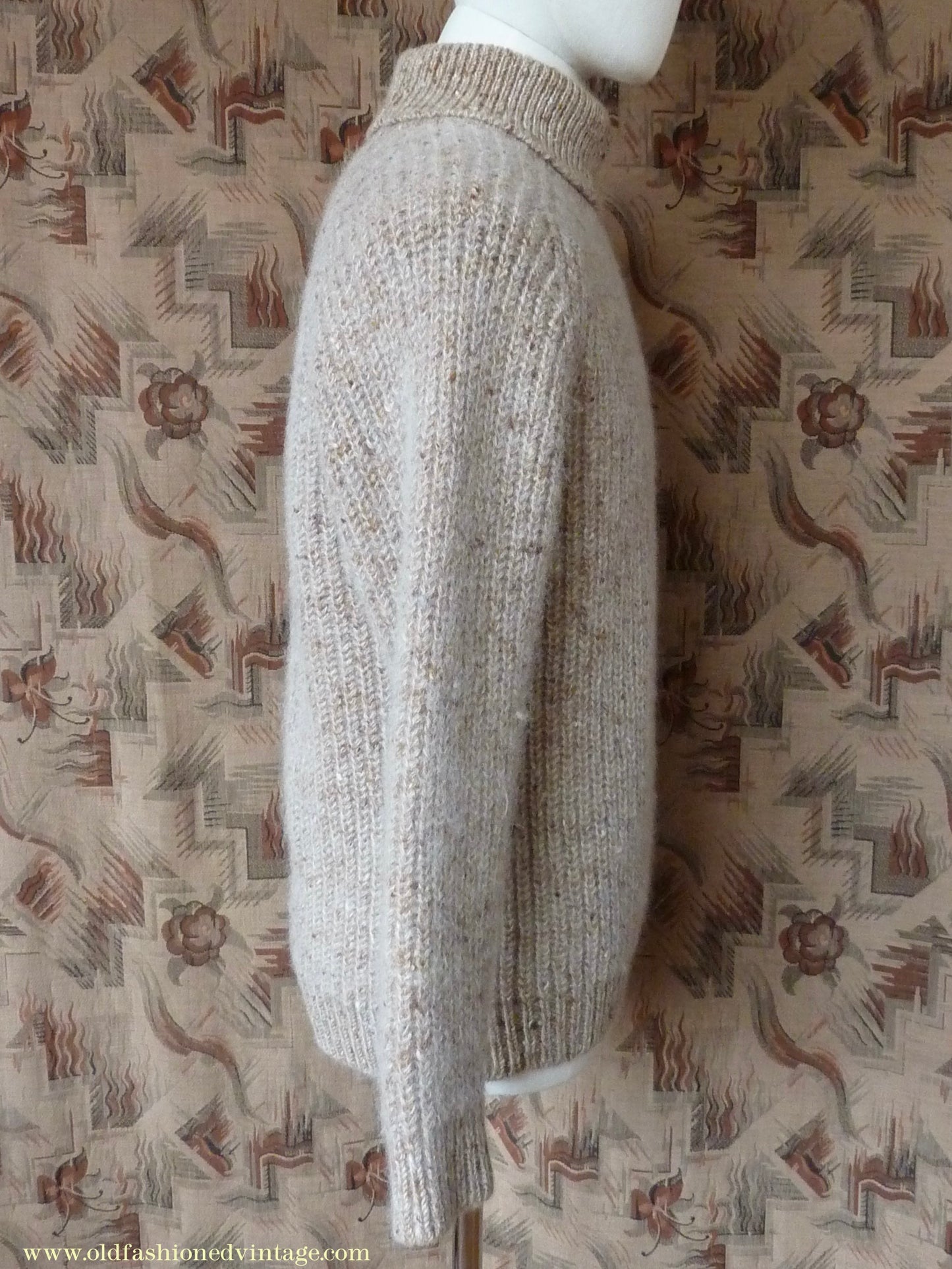 Vintage 1980s 1990s Irish Chunky Roll Neck Jumper Sweater Pullover Fisherman Rib Ribbed Beige Fleck Wool M