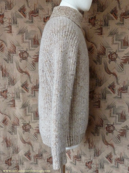 Vintage 1980s 1990s Irish Chunky Roll Neck Jumper Sweater Pullover Fisherman Rib Ribbed Beige Fleck Wool M