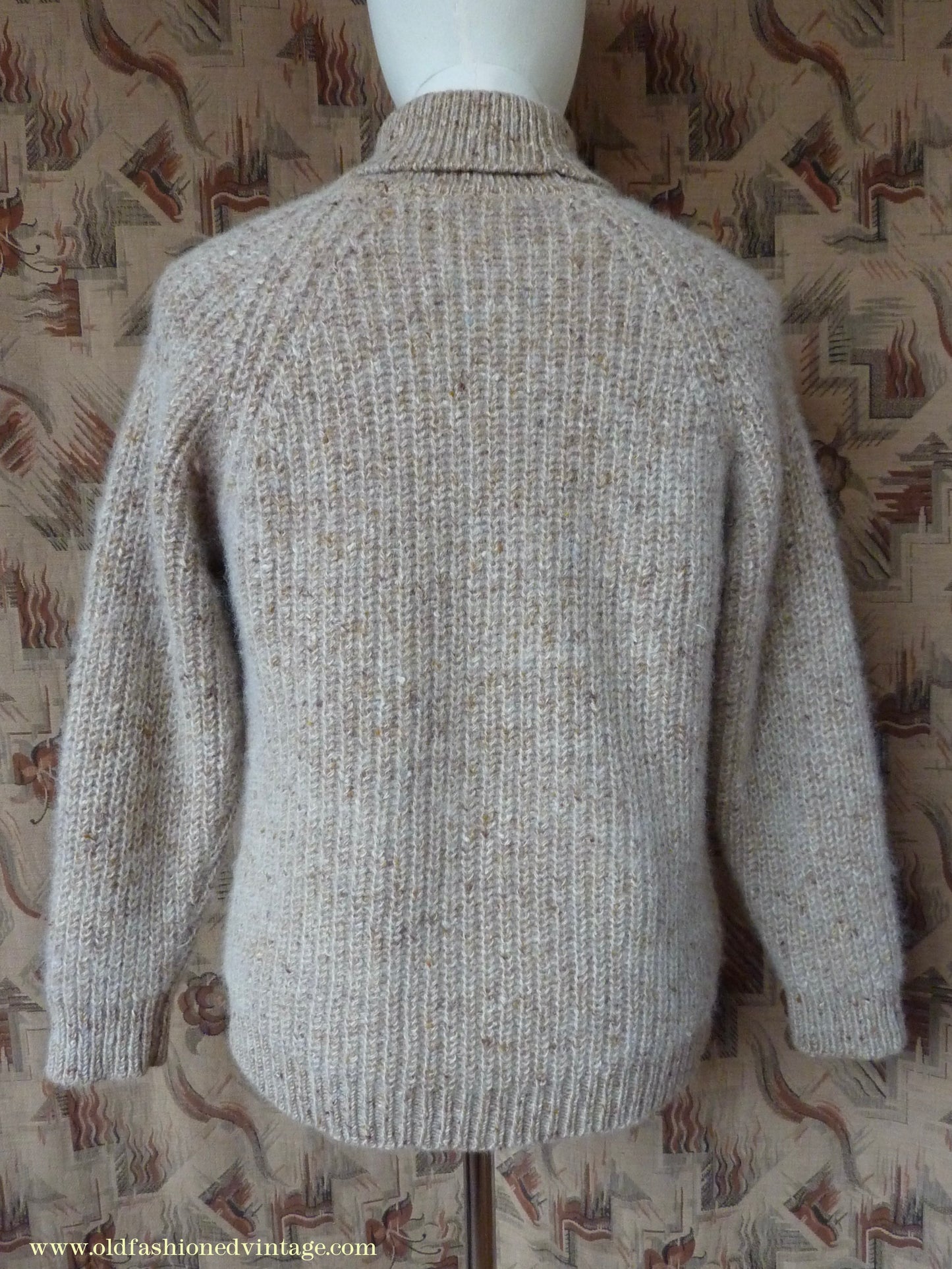 Vintage 1980s 1990s Irish Chunky Roll Neck Jumper Sweater Pullover Fisherman Rib Ribbed Beige Fleck Wool M