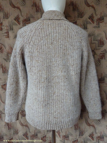 Vintage 1980s 1990s Irish Chunky Roll Neck Jumper Sweater Pullover Fisherman Rib Ribbed Beige Fleck Wool M