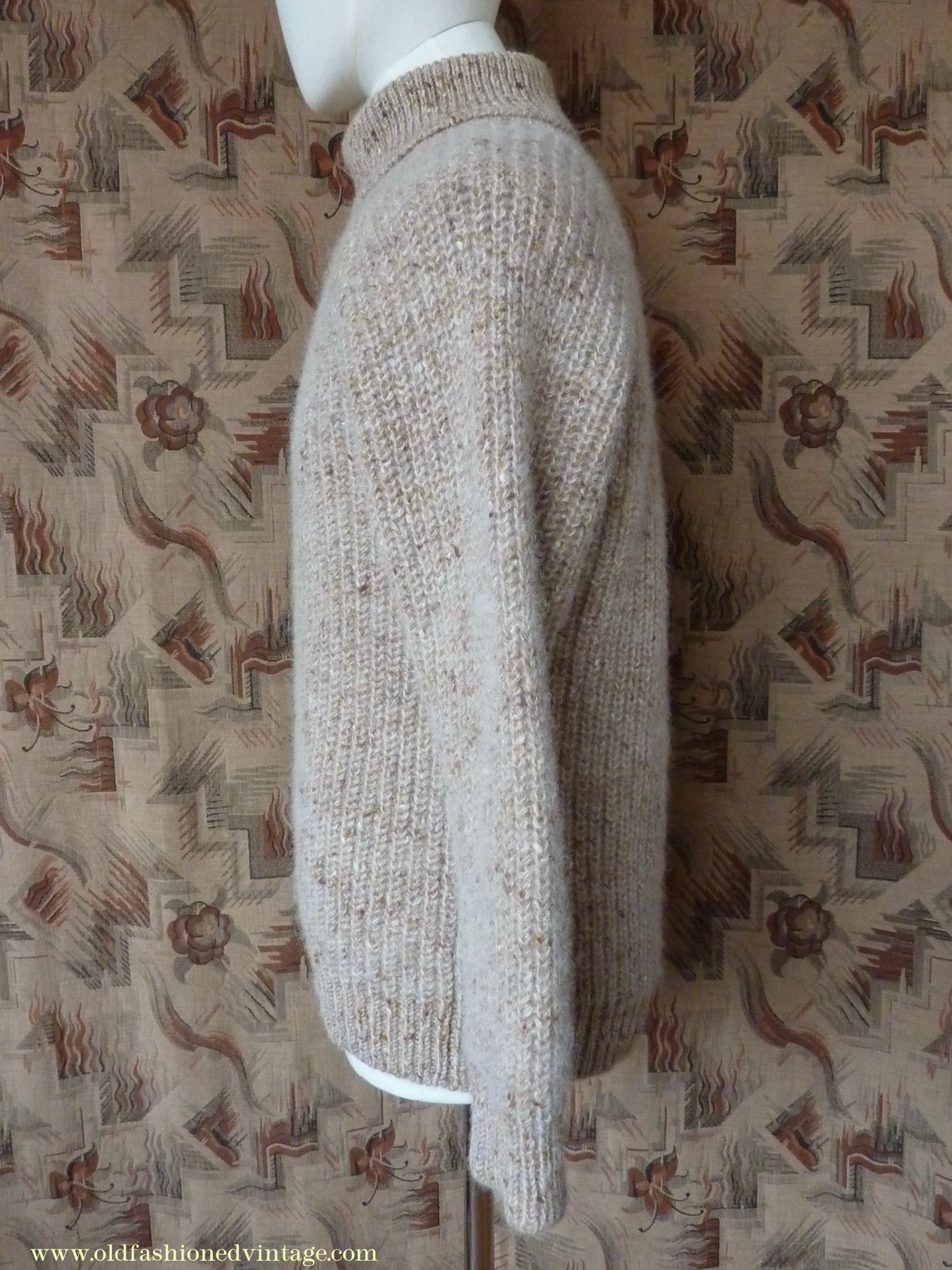 Vintage 1980s 1990s Irish Chunky Roll Neck Jumper Sweater Pullover Fisherman Rib Ribbed Beige Fleck Wool M