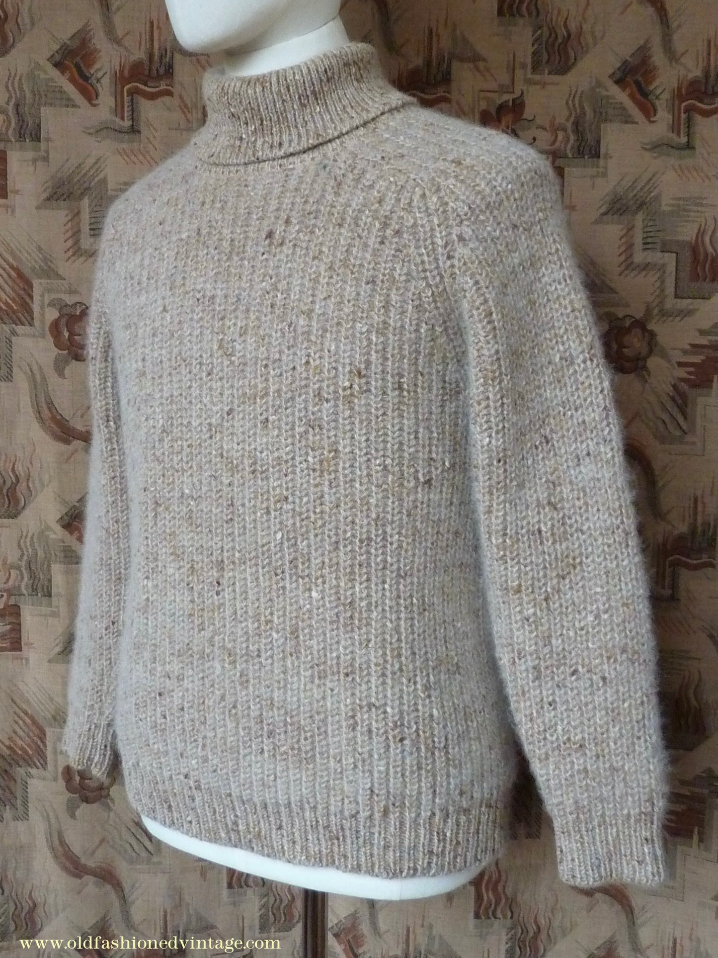 Vintage 1980s 1990s Irish Chunky Roll Neck Jumper Sweater Pullover Fisherman Rib Ribbed Beige Fleck Wool M