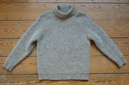 Vintage 1980s 1990s Irish Chunky Roll Neck Jumper Sweater Pullover Fisherman Rib Ribbed Beige Fleck Wool M