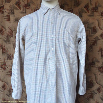 Vintage Mens 1950s "Popular" Cotton Pullover Shirt Tattersall Check British Overhead Tunic Half Buttoned 15 1/2"