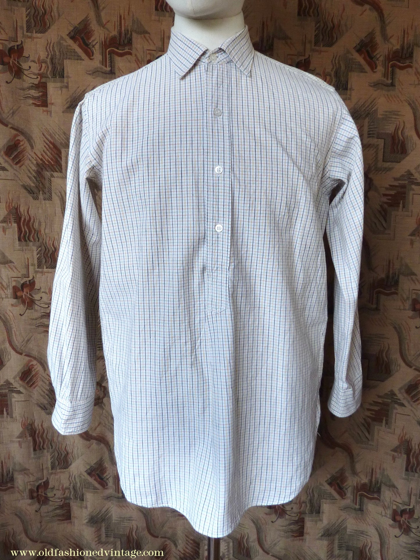 Vintage Mens 1950s "Popular" Cotton Pullover Shirt Tattersall Check British Overhead Tunic Half Buttoned 15 1/2"