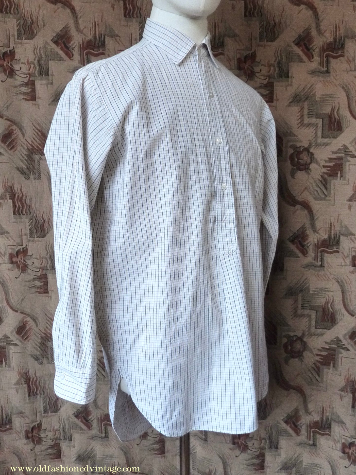 Vintage Mens 1950s "Popular" Cotton Pullover Shirt Tattersall Check British Overhead Tunic Half Buttoned 15 1/2"