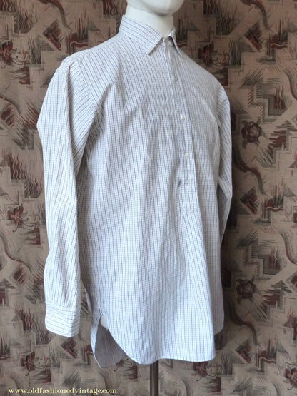 Vintage Mens 1950s "Popular" Cotton Pullover Shirt Tattersall Check British Overhead Tunic Half Buttoned 15 1/2"