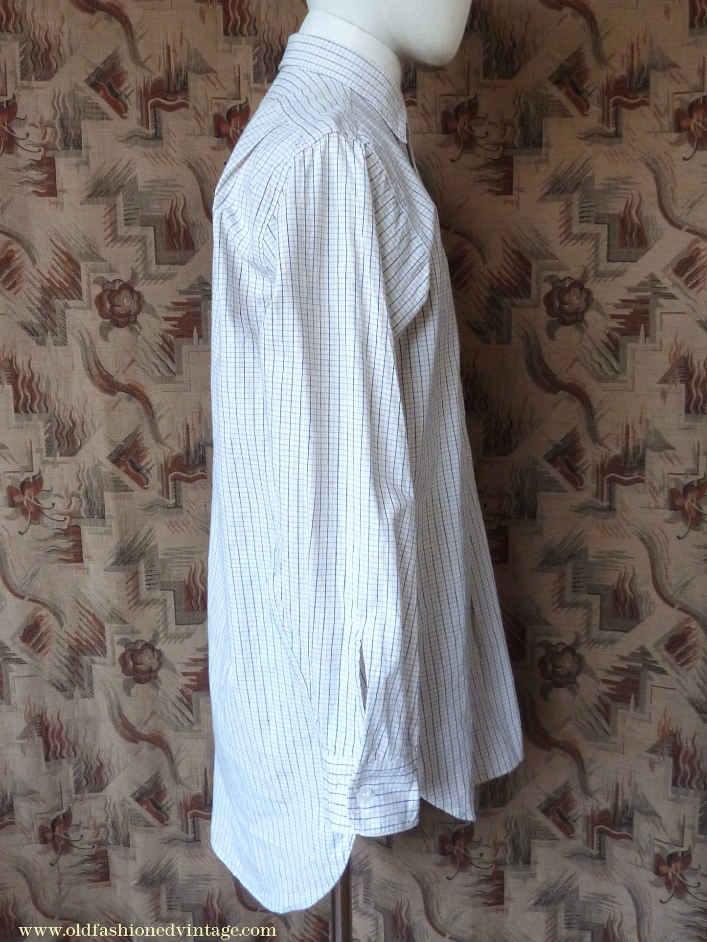 Vintage Mens 1950s "Popular" Cotton Pullover Shirt Tattersall Check British Overhead Tunic Half Buttoned 15 1/2"