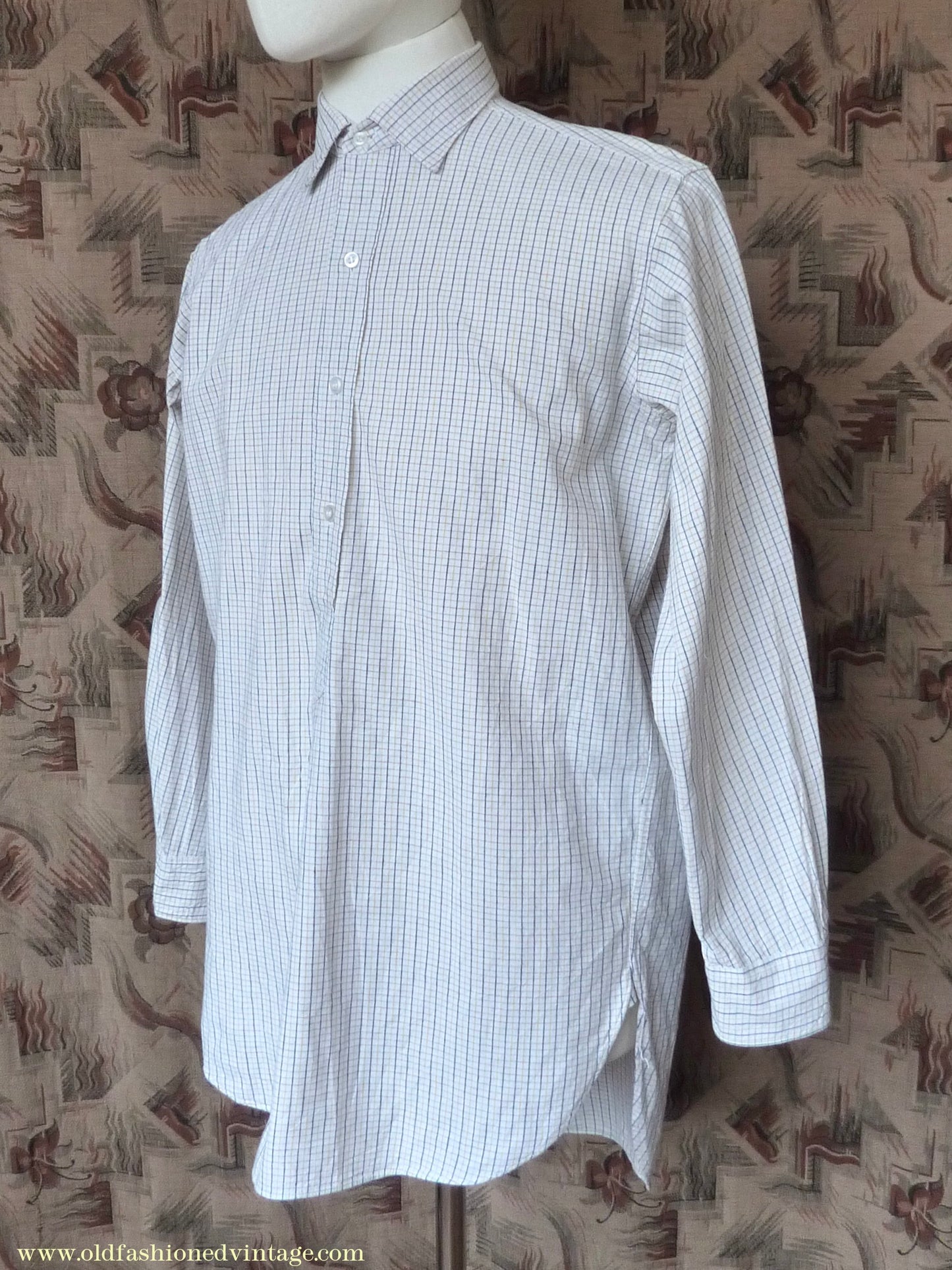 Vintage Mens 1950s "Popular" Cotton Pullover Shirt Tattersall Check British Overhead Tunic Half Buttoned 15 1/2"