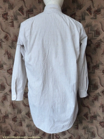 Vintage Mens 1950s "Popular" Cotton Pullover Shirt Tattersall Check British Overhead Tunic Half Buttoned 15 1/2"