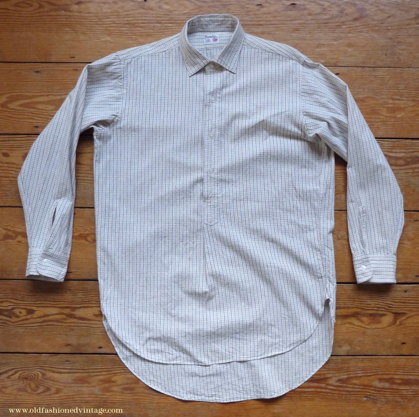 Vintage Mens 1950s "Popular" Cotton Pullover Shirt Tattersall Check British Overhead Tunic Half Buttoned 15 1/2"