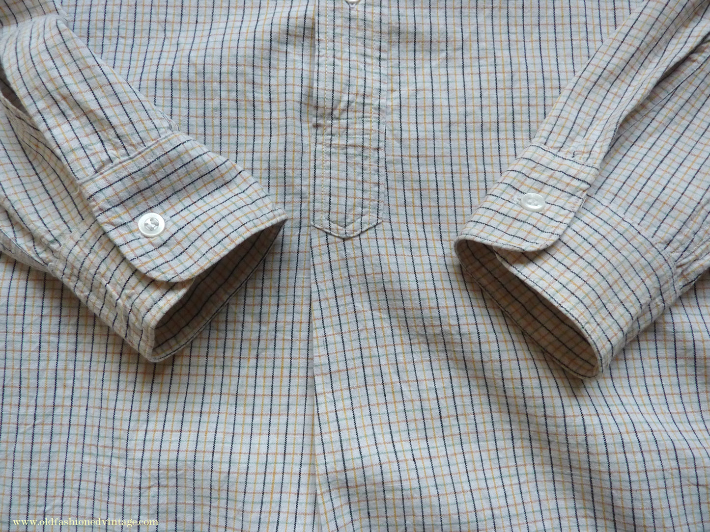 Vintage Mens 1950s "Popular" Cotton Pullover Shirt Tattersall Check British Overhead Tunic Half Buttoned 15 1/2"