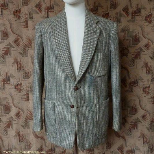 Vintage Mens 1950s Harris Tweed Sports Jacket Green Brown Patch Pockets 38"