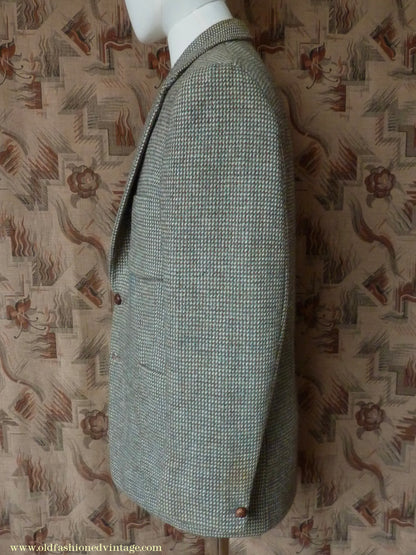 Vintage Mens 1950s Harris Tweed Sports Jacket Green Brown Patch Pockets 38"