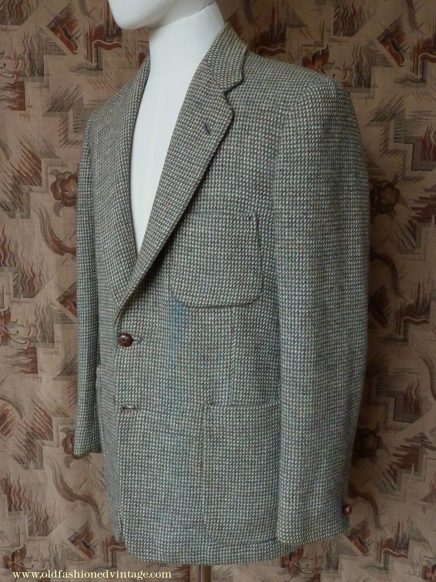 Vintage Mens 1950s Harris Tweed Sports Jacket Green Brown Patch Pockets 38"