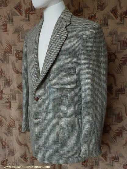 Vintage Mens 1950s Harris Tweed Sports Jacket Green Brown Patch Pockets 38"