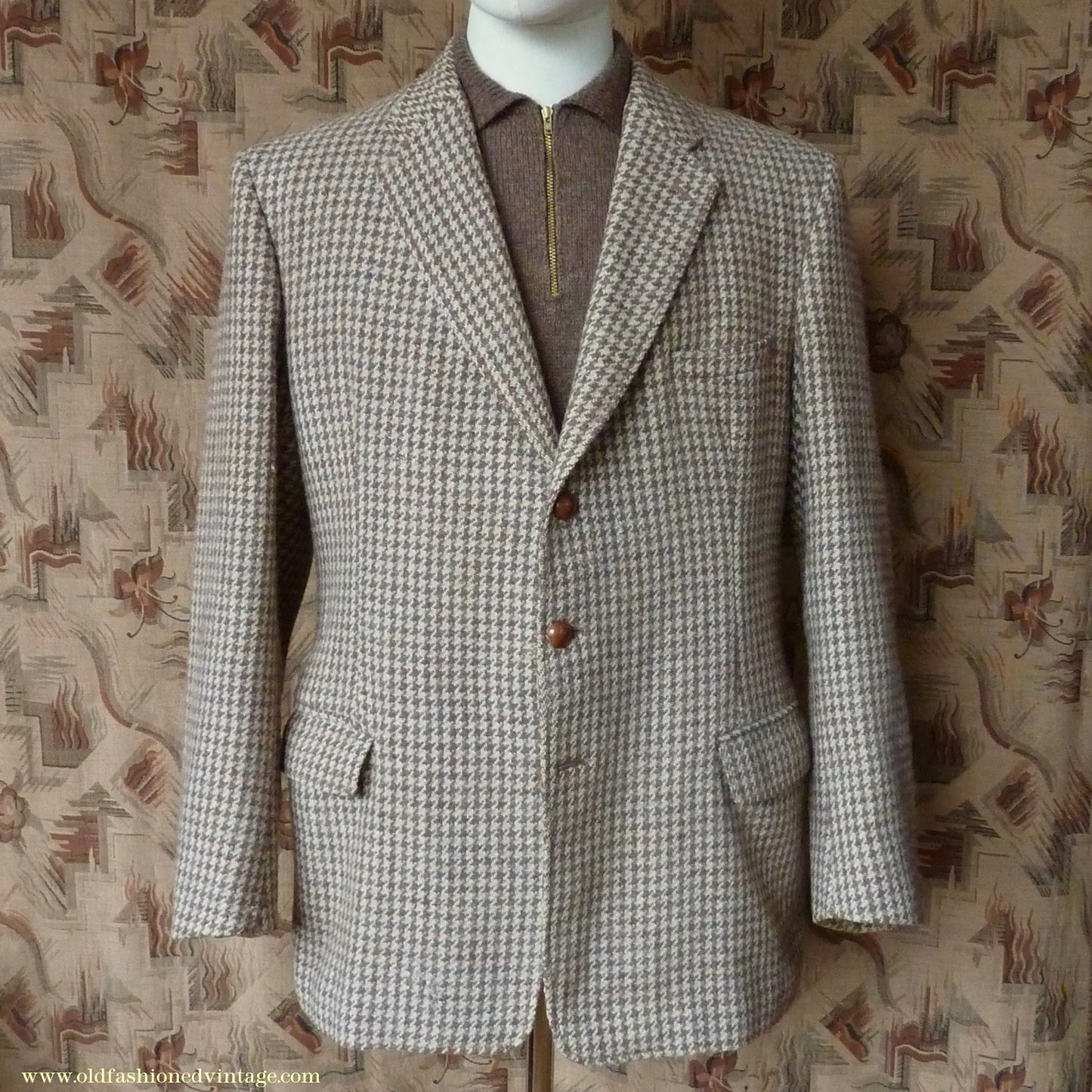 Vintage Mens 1950s John Collier Harris Tweed Sports Jacket Green Brown Natural Houndstooth Shepherd Check 42"