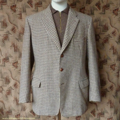 Vintage Mens 1950s John Collier Harris Tweed Sports Jacket Green Brown Natural Houndstooth Shepherd Check 42"