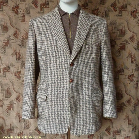 Vintage Mens 1950s John Collier Harris Tweed Sports Jacket Green Brown Natural Houndstooth Shepherd Check 42"
