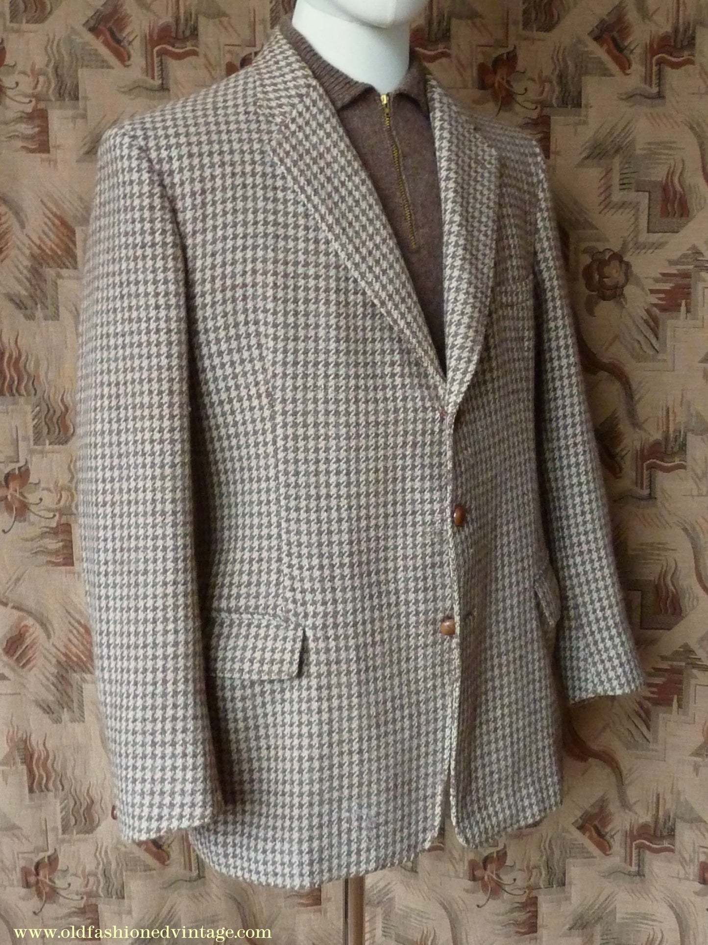 Vintage Mens 1950s John Collier Harris Tweed Sports Jacket Green Brown Natural Houndstooth Shepherd Check 42"