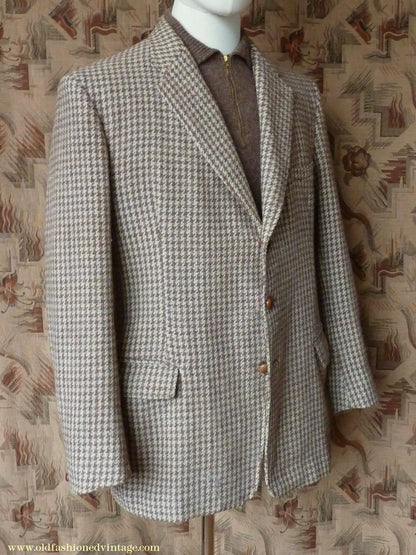 Vintage Mens 1950s John Collier Harris Tweed Sports Jacket Green Brown Natural Houndstooth Shepherd Check 42"