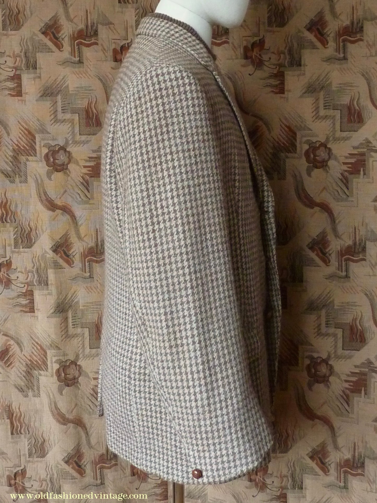 Vintage Mens 1950s John Collier Harris Tweed Sports Jacket Green Brown Natural Houndstooth Shepherd Check 42"