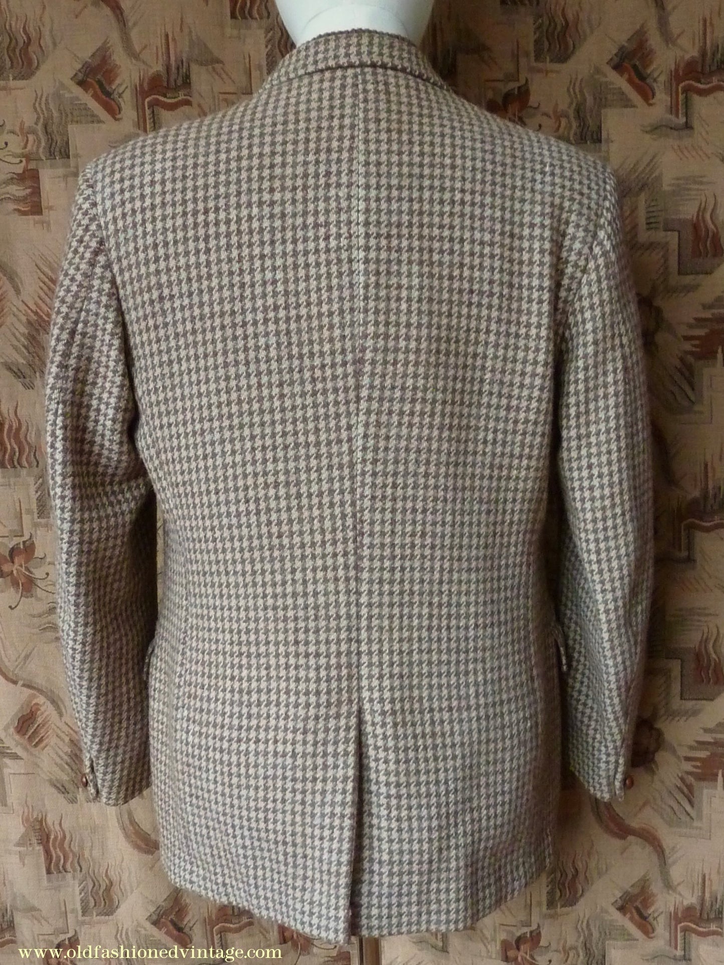 Vintage Mens 1950s John Collier Harris Tweed Sports Jacket Green Brown Natural Houndstooth Shepherd Check 42"