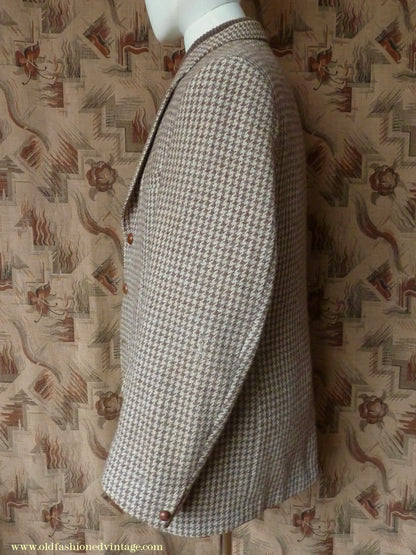 Vintage Mens 1950s John Collier Harris Tweed Sports Jacket Green Brown Natural Houndstooth Shepherd Check 42"