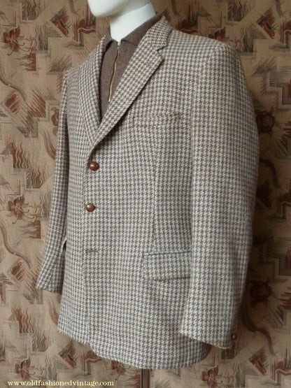 Vintage Mens 1950s John Collier Harris Tweed Sports Jacket Green Brown Natural Houndstooth Shepherd Check 42"