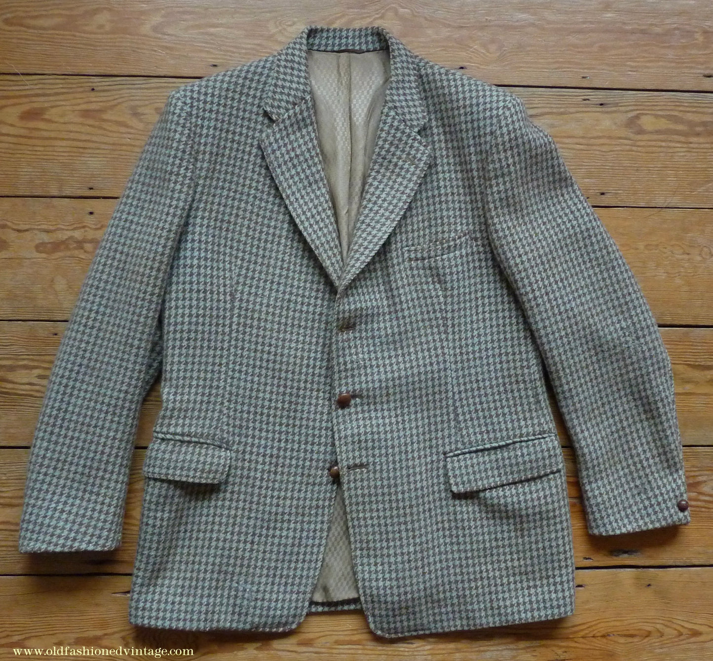 Vintage Mens 1950s John Collier Harris Tweed Sports Jacket Green Brown Natural Houndstooth Shepherd Check 42"
