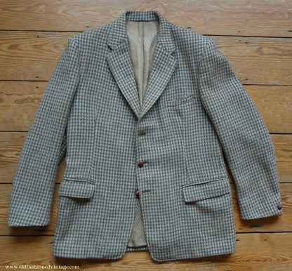 Vintage Mens 1950s John Collier Harris Tweed Sports Jacket Green Brown Natural Houndstooth Shepherd Check 42"