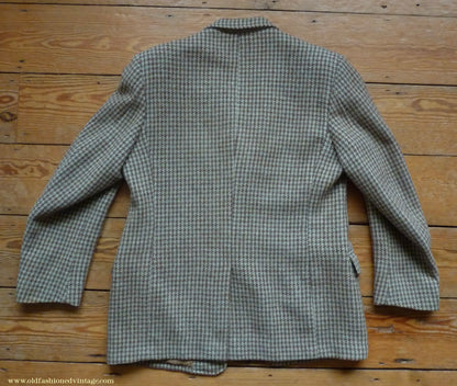 Vintage Mens 1950s John Collier Harris Tweed Sports Jacket Green Brown Natural Houndstooth Shepherd Check 42"