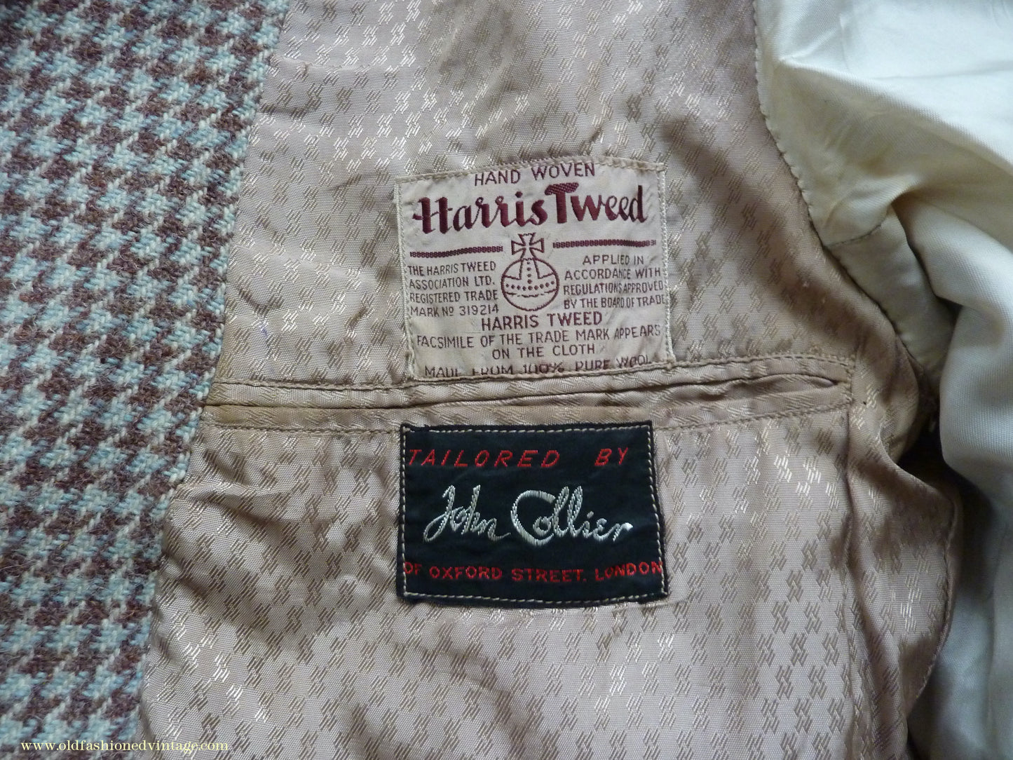 Vintage Mens 1950s John Collier Harris Tweed Sports Jacket Green Brown Natural Houndstooth Shepherd Check 42"