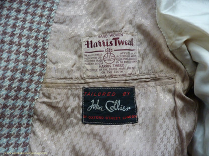 Vintage Mens 1950s John Collier Harris Tweed Sports Jacket Green Brown Natural Houndstooth Shepherd Check 42"