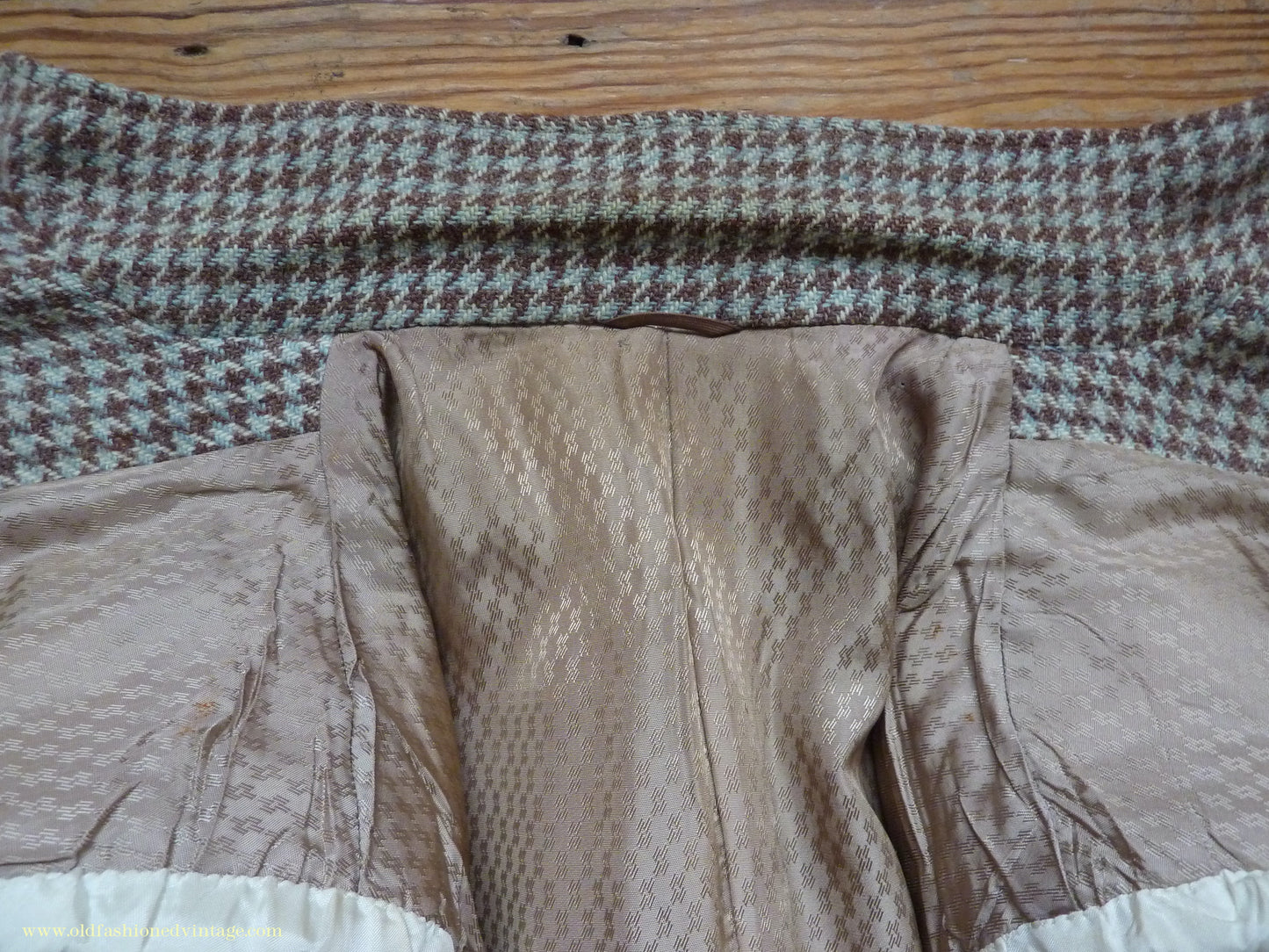 Vintage Mens 1950s John Collier Harris Tweed Sports Jacket Green Brown Natural Houndstooth Shepherd Check 42"