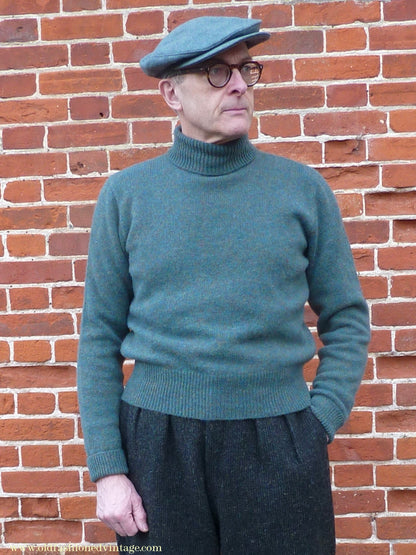 Old Fashioned Garments Vintage Reproduction 1930s 1940s Mens Roll Neck Jumper Myrtle Green Melange Polo Turtle Sweater M