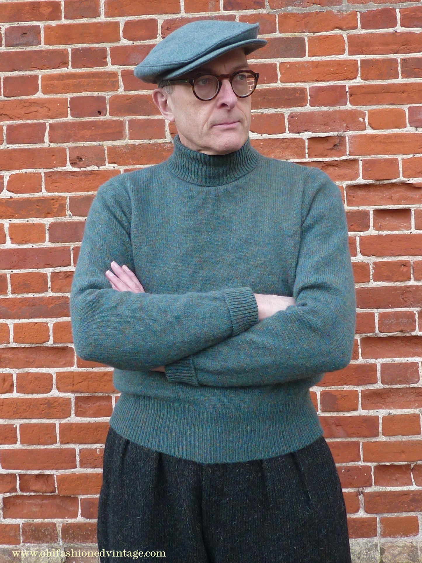 Old Fashioned Garments Vintage Reproduction 1930s 1940s Mens Roll Neck Jumper Myrtle Green Melange Polo Turtle Sweater M