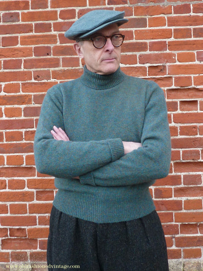 Old Fashioned Garments Vintage Reproduction 1930s 1940s Mens Roll Neck Jumper Myrtle Green Melange Polo Turtle Sweater M