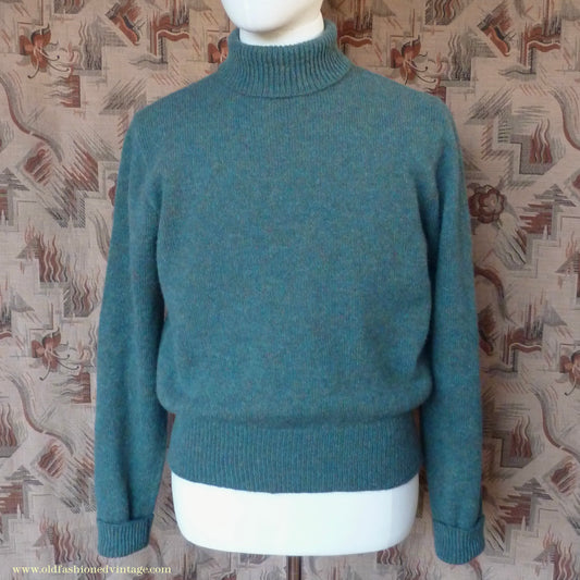 Old Fashioned Garments Vintage Reproduction 1930s 1940s Mens Roll Neck Jumper Myrtle Green Melange Polo Turtle Sweater M