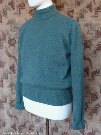 Old Fashioned Garments Vintage Reproduction 1930s 1940s Mens Roll Neck Jumper Myrtle Green Melange Polo Turtle Sweater M
