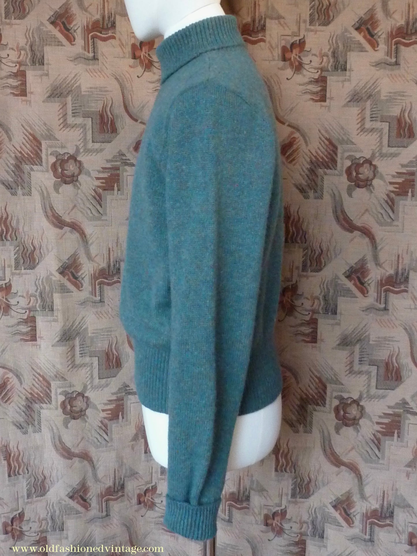 Old Fashioned Garments Vintage Reproduction 1930s 1940s Mens Roll Neck Jumper Myrtle Green Melange Polo Turtle Sweater M
